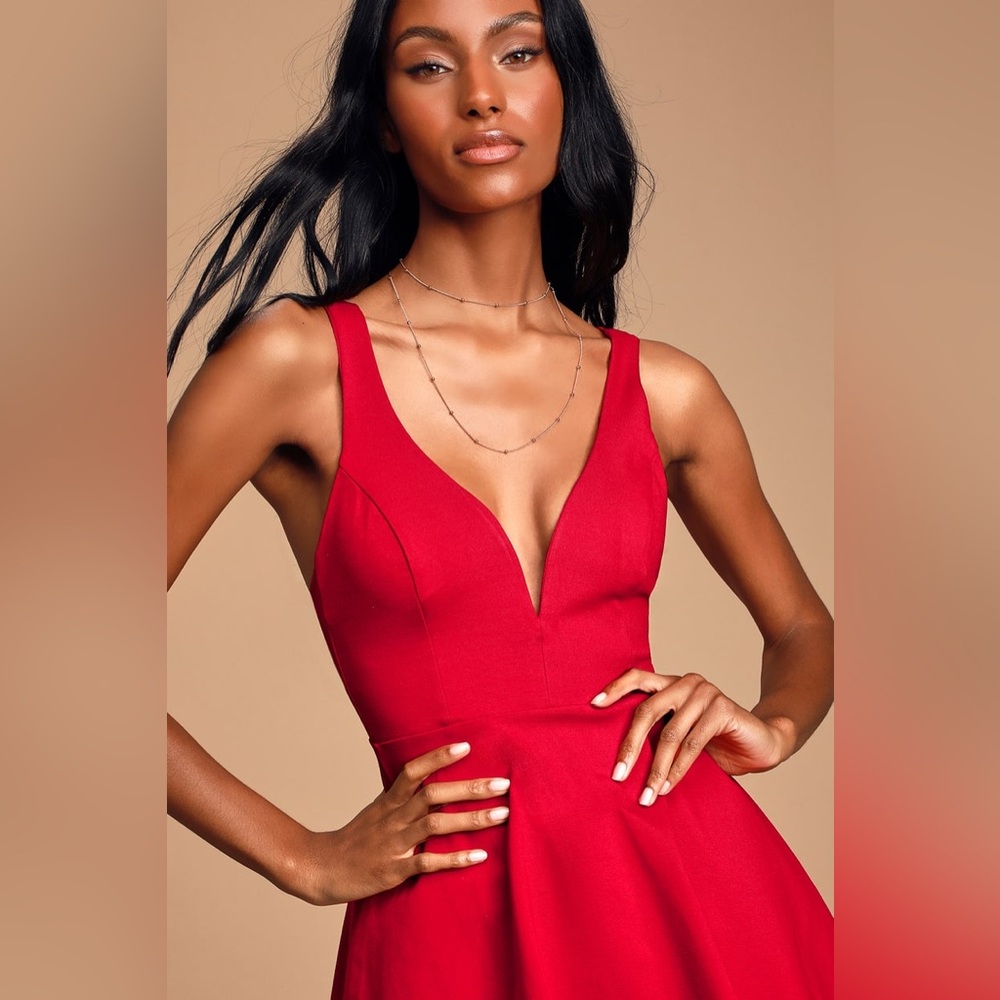 Lulu's Red V-Neck Mini Skater Dress - Picture 3 of 11